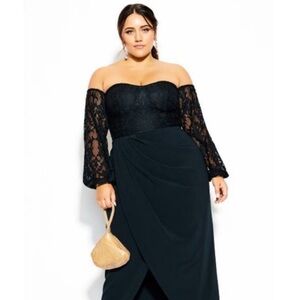 City Chic Elegant Navy Off-Shoulder Lace Dress